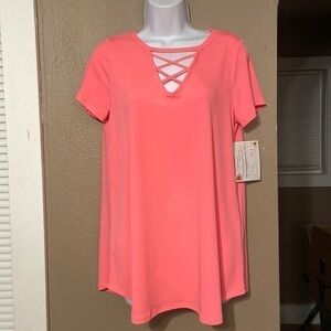 𝅺honeyme women’s short sleeve hot pink V neck crisscross cut out shirt